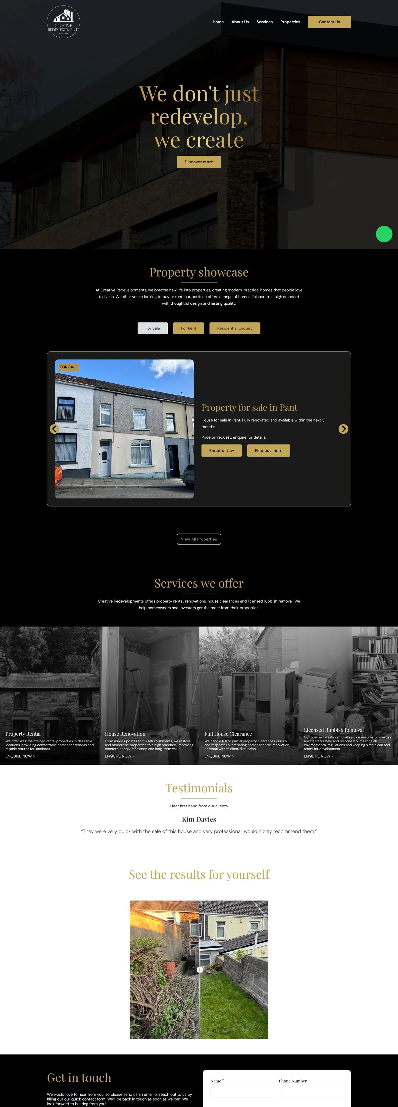 Creative Redevelopments website on a desktop screen