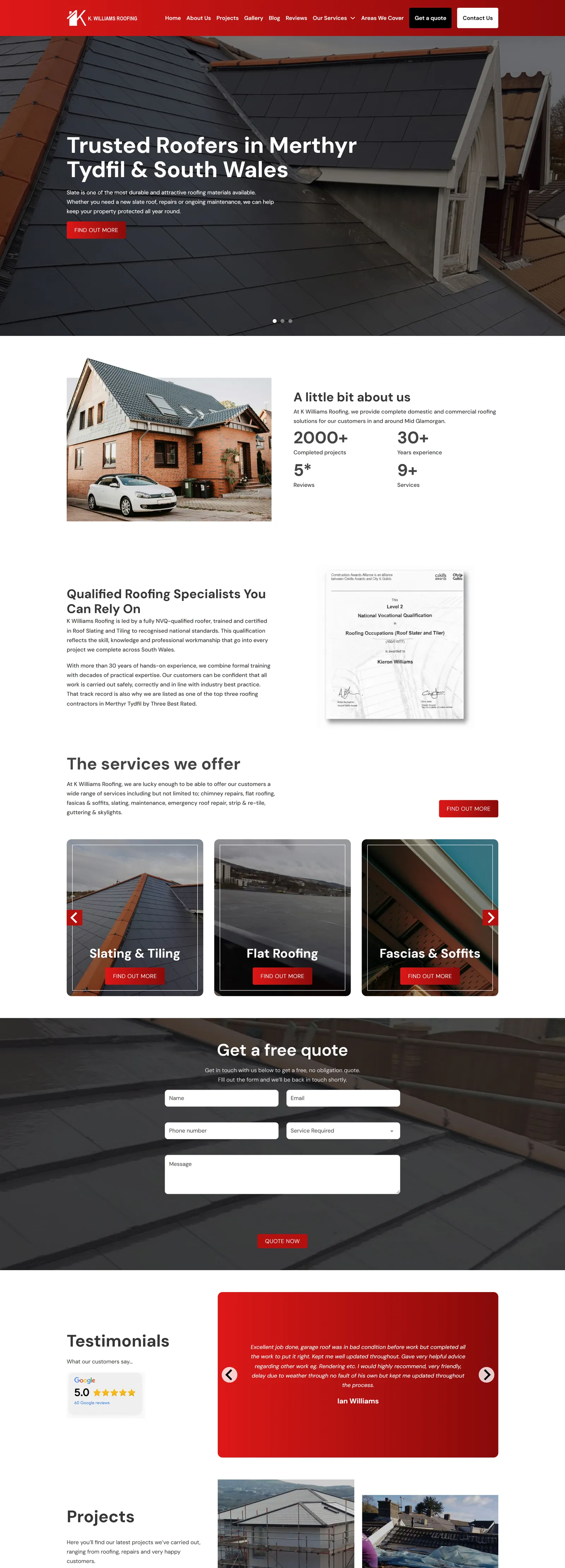 K Williams Roofing website on a desktop screen