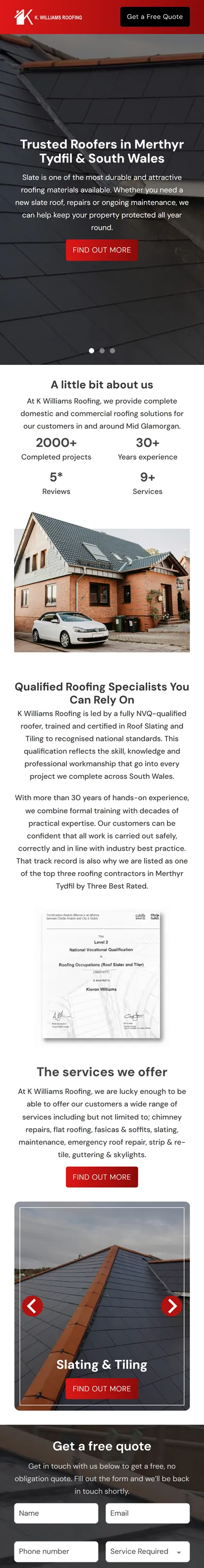 K Williams Roofing website on a phone