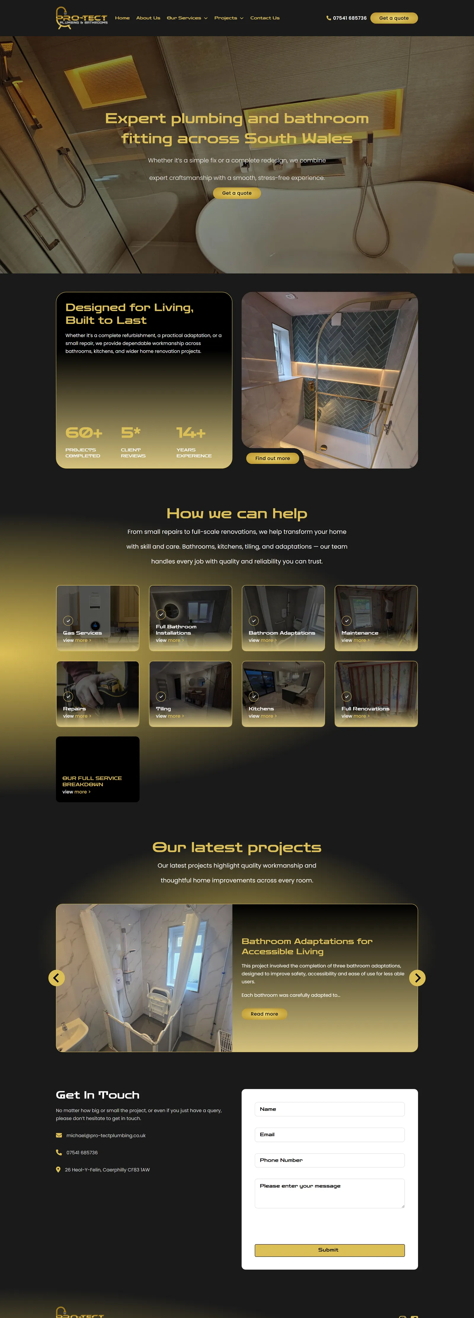 Pro Tech Plumbing and Bathrooms website on a desktop screen