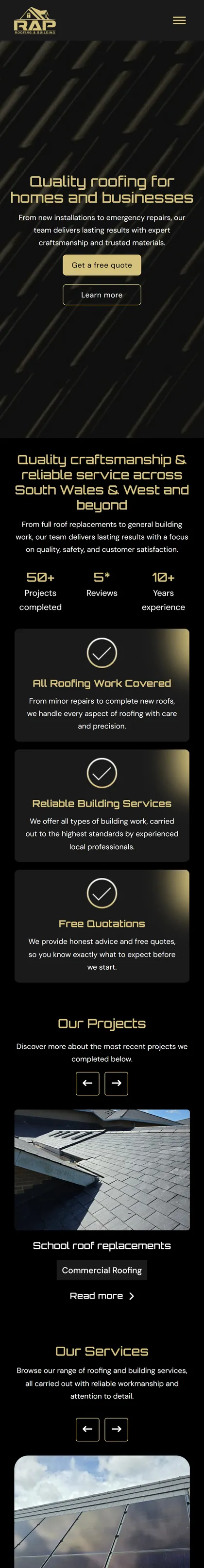 RAP Roofing and Building website on a phone
