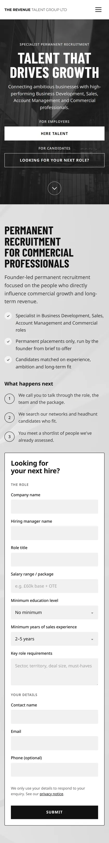 The Revenue Talent Group website on a phone